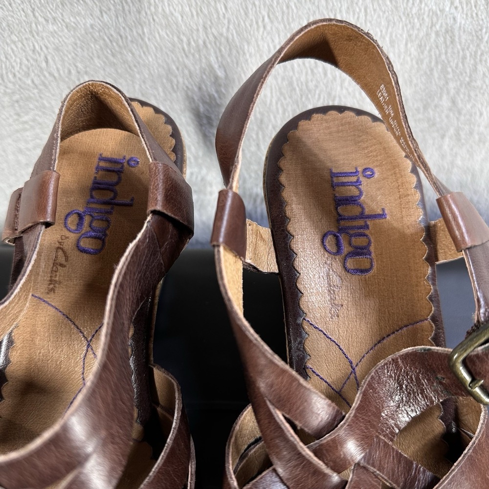 Clarks Indigo Brown Leather Cork Wedge Sandals Size 10 M Strappy Slingback - Picture 5 of 7